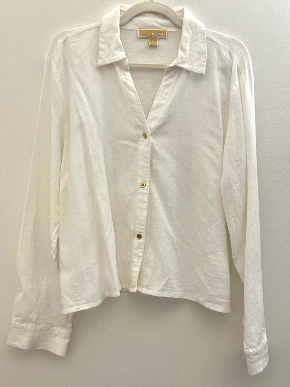 Michael Kors White Linen Blend Button Down Shirt - Size L/XL - Gold Button